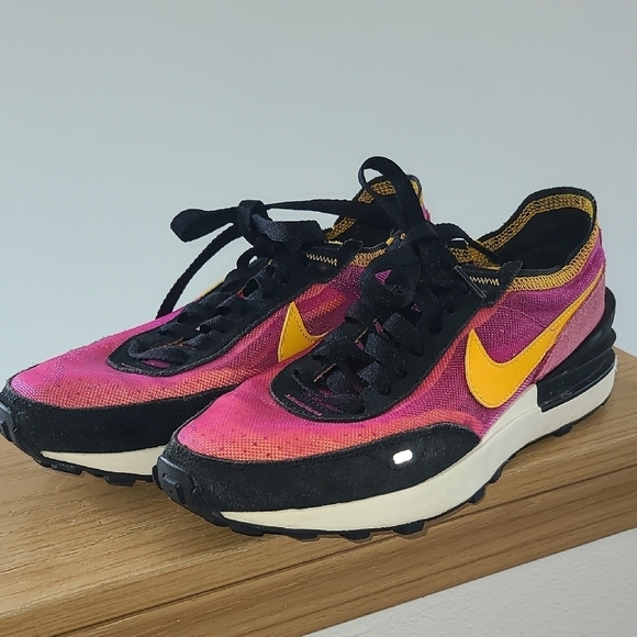 Nike Shoes - Nike Women's Waffle 1 Vibrant Pink and Black Sneakers with Yellow Swoosh